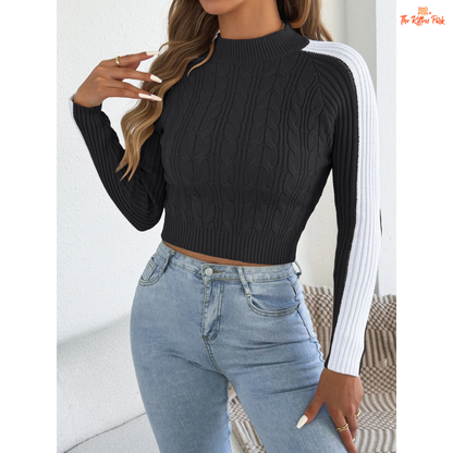 Women’s Contrast Color Striped Sweater featuring bold horizontal stripes, lantern sleeves, and slim fit knit design in off-white tones for autumn and winter wear.