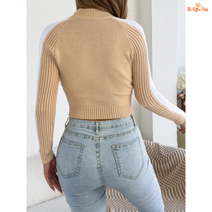 Women’s Contrast Color Striped Sweater featuring bold horizontal stripes, lantern sleeves, and slim fit knit design in off-white tones for autumn and winter wear.