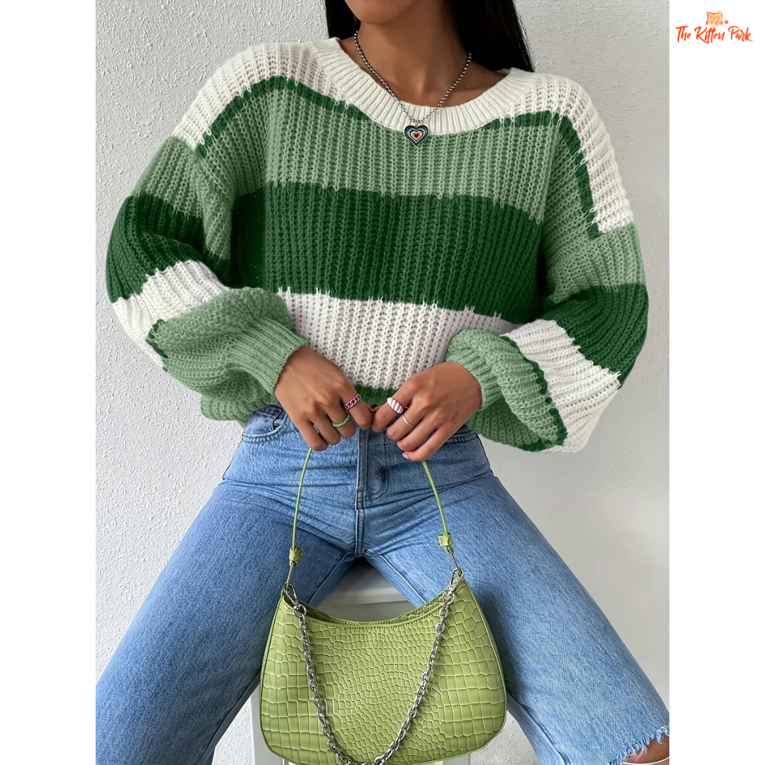 Contrast Shoulder Knit Sweater | Women’s Casual Long Sleeve Pullover