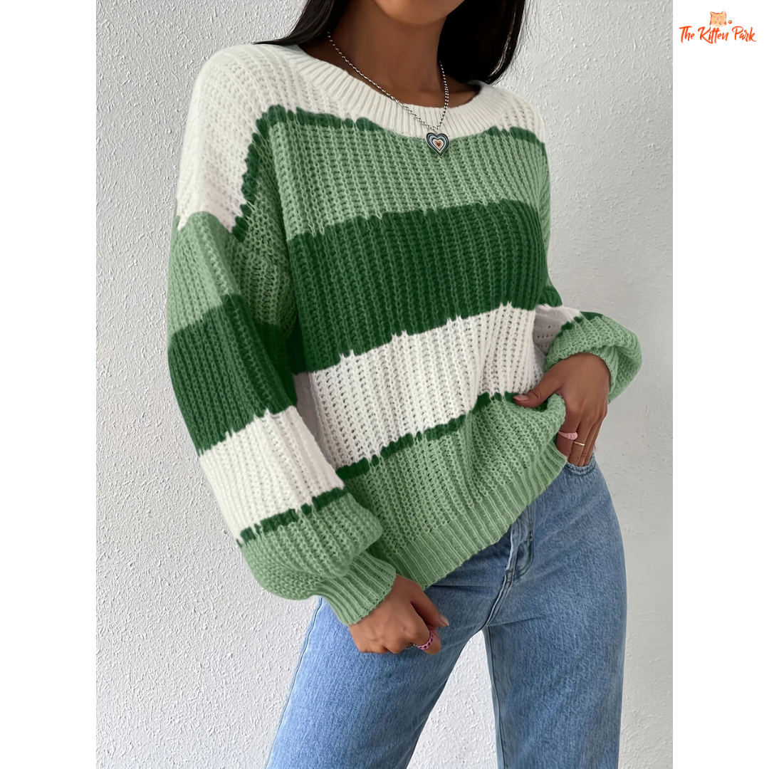 Contrast Shoulder Knit Sweater | Women’s Casual Long Sleeve Pullover
