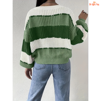 Contrast Shoulder Knit Sweater | Women’s Casual Long Sleeve Pullover