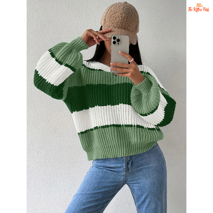 Contrast Shoulder Knit Sweater | Women’s Casual Long Sleeve Pullover