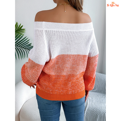 Contrast striped off-shoulder sweater with lantern sleeves and slash neck, made of heavyweight knit acrylic for autumn and winter wear.