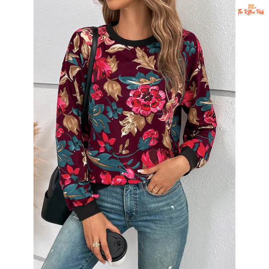 Cozy Floral Print Sweatshirt with round neck, floral design, and thick knit polyester blend, perfect for casual holiday wear in autumn and winter.