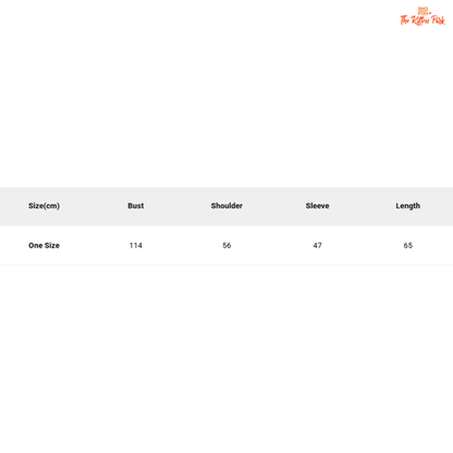 Measurement chart for clothing with size details on a white background