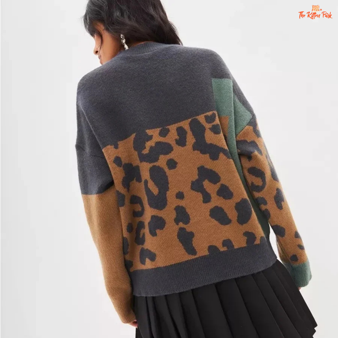 Cozy Leopard Sweater featuring a soft thick knit turtleneck design, loose fit, high-stretch polyester fabric, and chic leopard print for autumn and winter comfort.