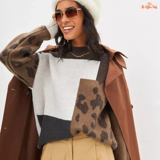 Cozy Leopard Sweater featuring a soft thick knit turtleneck design, loose fit, high-stretch polyester fabric, and chic leopard print for autumn and winter comfort.