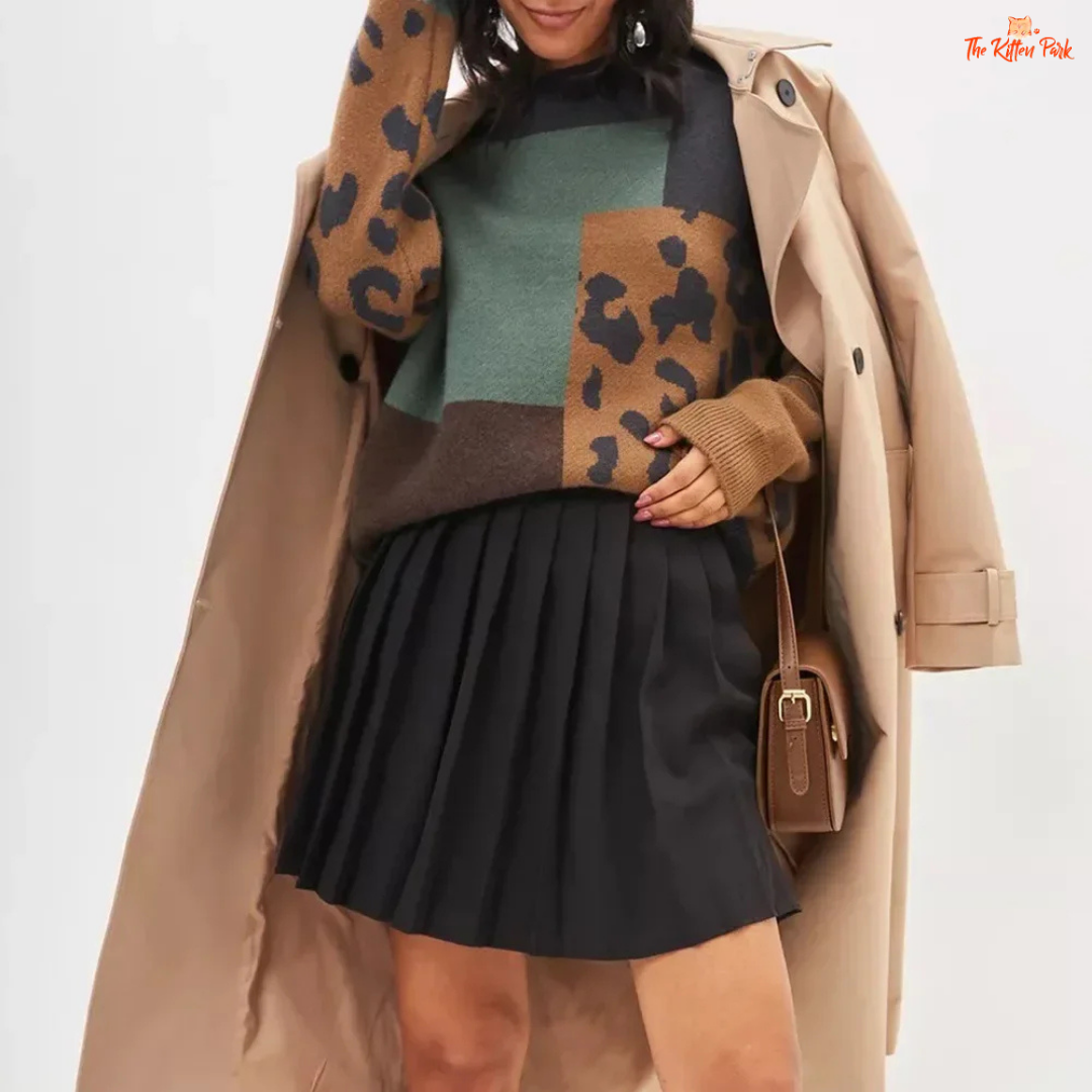 Cozy Leopard Sweater featuring a soft thick knit turtleneck design, loose fit, high-stretch polyester fabric, and chic leopard print for autumn and winter comfort.