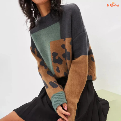 Cozy Leopard Sweater featuring a soft thick knit turtleneck design, loose fit, high-stretch polyester fabric, and chic leopard print for autumn and winter comfort.