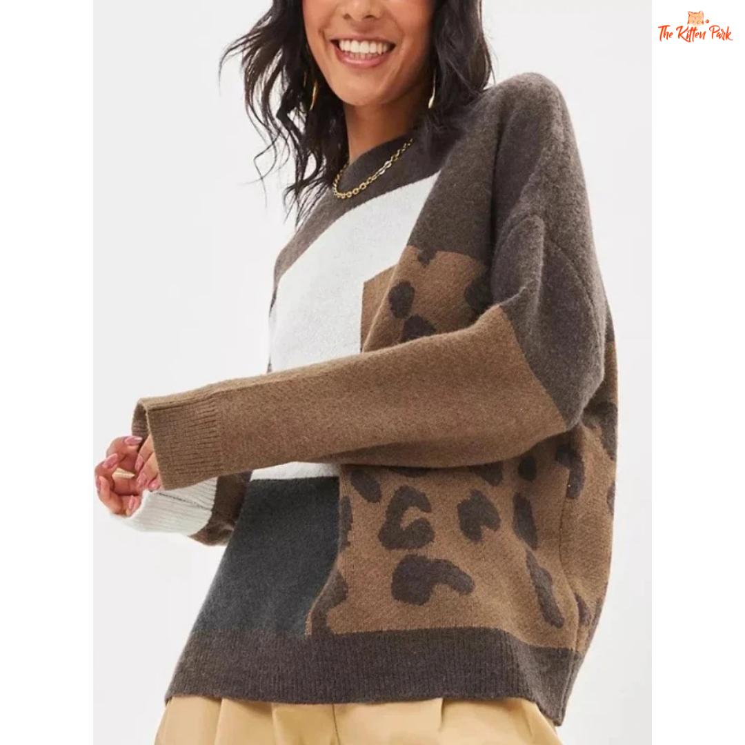 Cozy Leopard Sweater featuring a soft thick knit turtleneck design, loose fit, high-stretch polyester fabric, and chic leopard print for autumn and winter comfort.