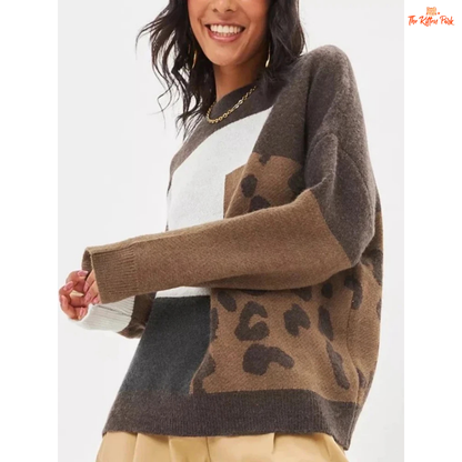Cozy Leopard Sweater featuring a soft thick knit turtleneck design, loose fit, high-stretch polyester fabric, and chic leopard print for autumn and winter comfort.