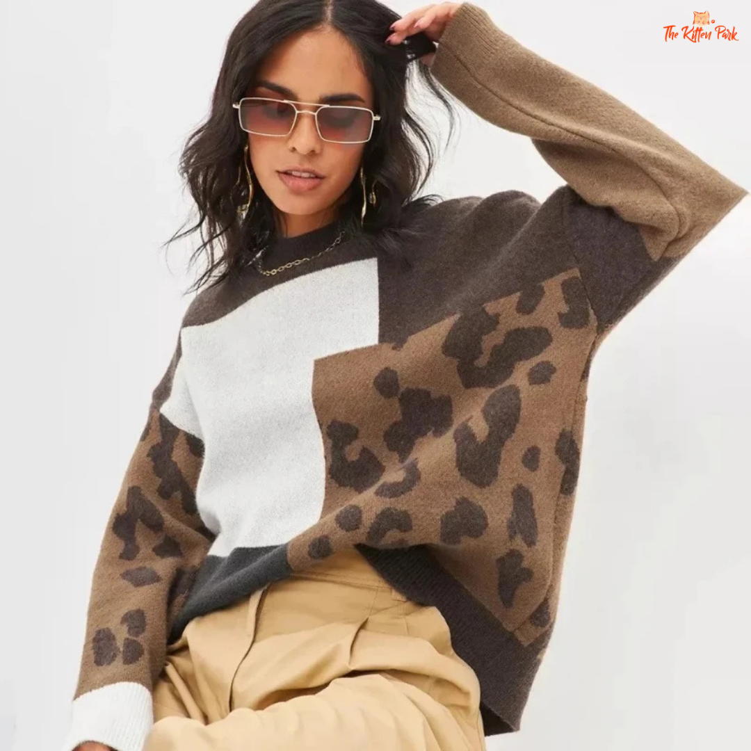 Cozy Leopard Sweater featuring a soft thick knit turtleneck design, loose fit, high-stretch polyester fabric, and chic leopard print for autumn and winter comfort.