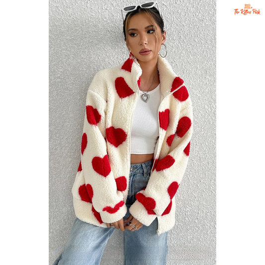 Cozy Women's Fleece Coat, loose-fit soft winter zip jacket with fleece thickness and geometric casual design for autumn and winter.