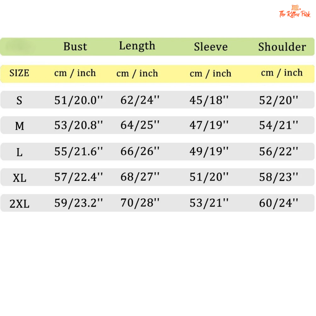 Size chart for clothing measurements in centimeters and inches with 'Thekittenpark' logo.