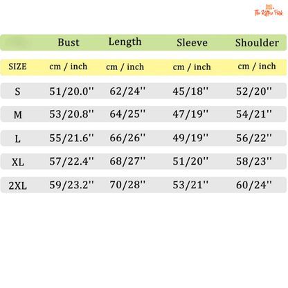 Size chart for clothing measurements in centimeters and inches with 'Thekittenpark' logo.