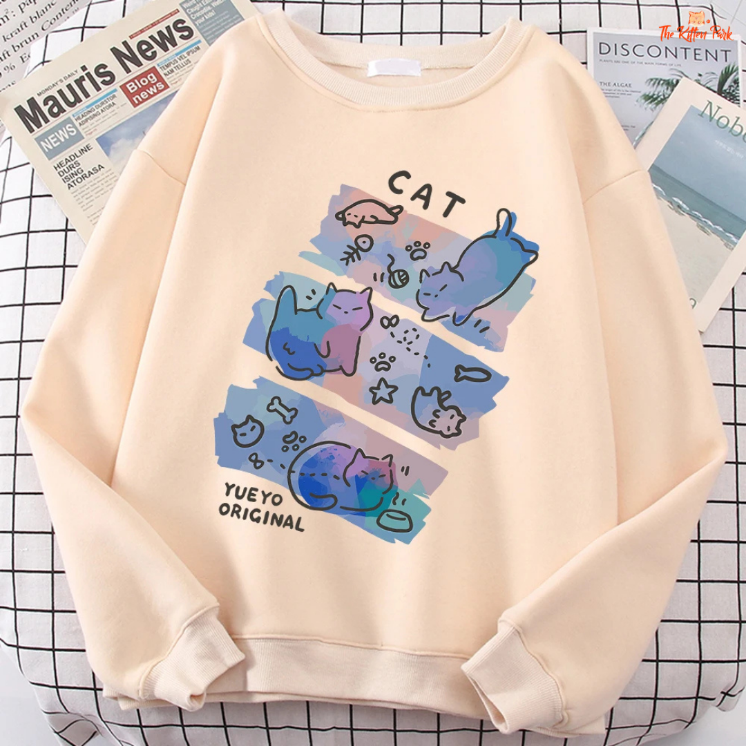 Cute Cat Cartoon Print Sweatshirt — women’s loose pullover with fleece lining, O-neck, playful cat graphic print, knit construction suitable for autumn and winter casual wear.