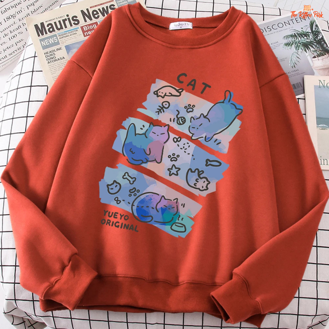 Cute Cat Cartoon Print Sweatshirt — women’s loose pullover with fleece lining, O-neck, playful cat graphic print, knit construction suitable for autumn and winter casual wear.