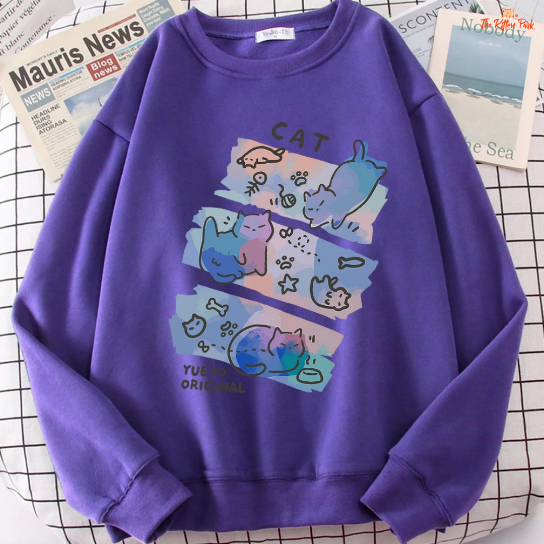 Cute Cat Cartoon Print Sweatshirt — women’s loose pullover with fleece lining, O-neck, playful cat graphic print, knit construction suitable for autumn and winter casual wear.