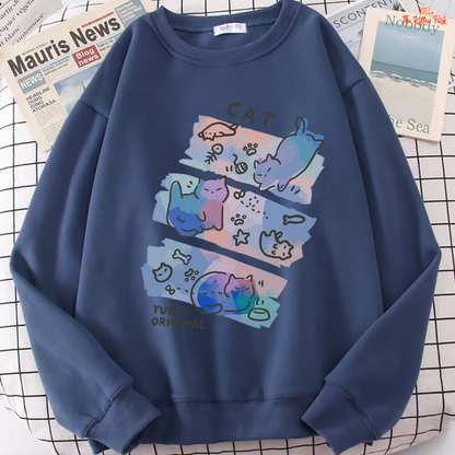 Cute Cat Cartoon Print Sweatshirt — women’s loose pullover with fleece lining, O-neck, playful cat graphic print, knit construction suitable for autumn and winter casual wear.