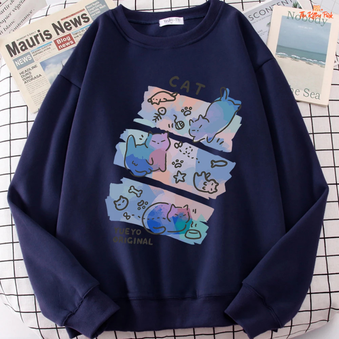 Cute Cat Cartoon Print Sweatshirt — women’s loose pullover with fleece lining, O-neck, playful cat graphic print, knit construction suitable for autumn and winter casual wear.