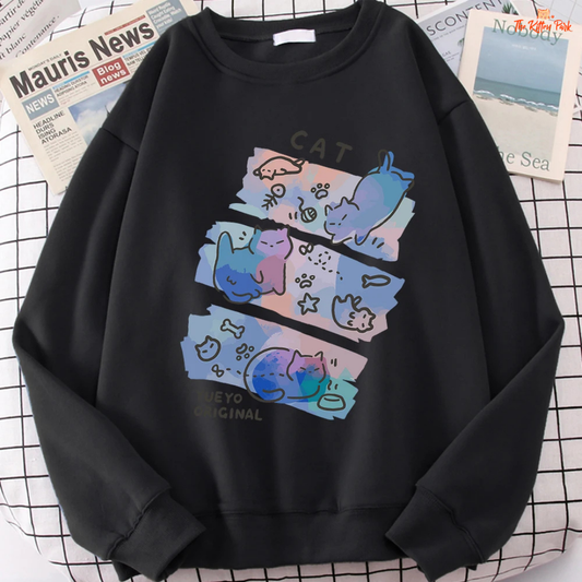 Cute Cat Cartoon Print Sweatshirt — women’s loose pullover with fleece lining, O-neck, playful cat graphic print, knit construction suitable for autumn and winter casual wear.