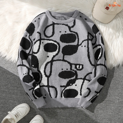 Cute dog jacquard knit pullover sweater for women featuring a soft coarse wool texture, full sleeves, and playful animal pattern for all seasons.