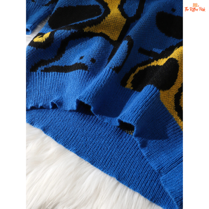 Cute dog jacquard knit pullover sweater for women featuring a soft coarse wool texture, full sleeves, and playful animal pattern for all seasons.