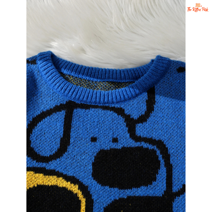 Cute dog jacquard knit pullover sweater for women featuring a soft coarse wool texture, full sleeves, and playful animal pattern for all seasons.
