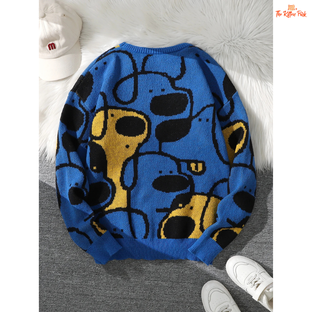 Cute dog jacquard knit pullover sweater for women featuring a soft coarse wool texture, full sleeves, and playful animal pattern for all seasons.