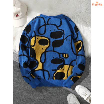 Cute dog jacquard knit pullover sweater for women featuring a soft coarse wool texture, full sleeves, and playful animal pattern for all seasons.