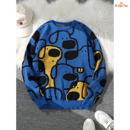 Cute dog jacquard knit pullover sweater for women featuring a soft coarse wool texture, full sleeves, and playful animal pattern for all seasons.