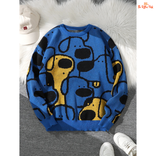 Cute dog jacquard knit pullover sweater for women featuring a soft coarse wool texture, full sleeves, and playful animal pattern for all seasons.