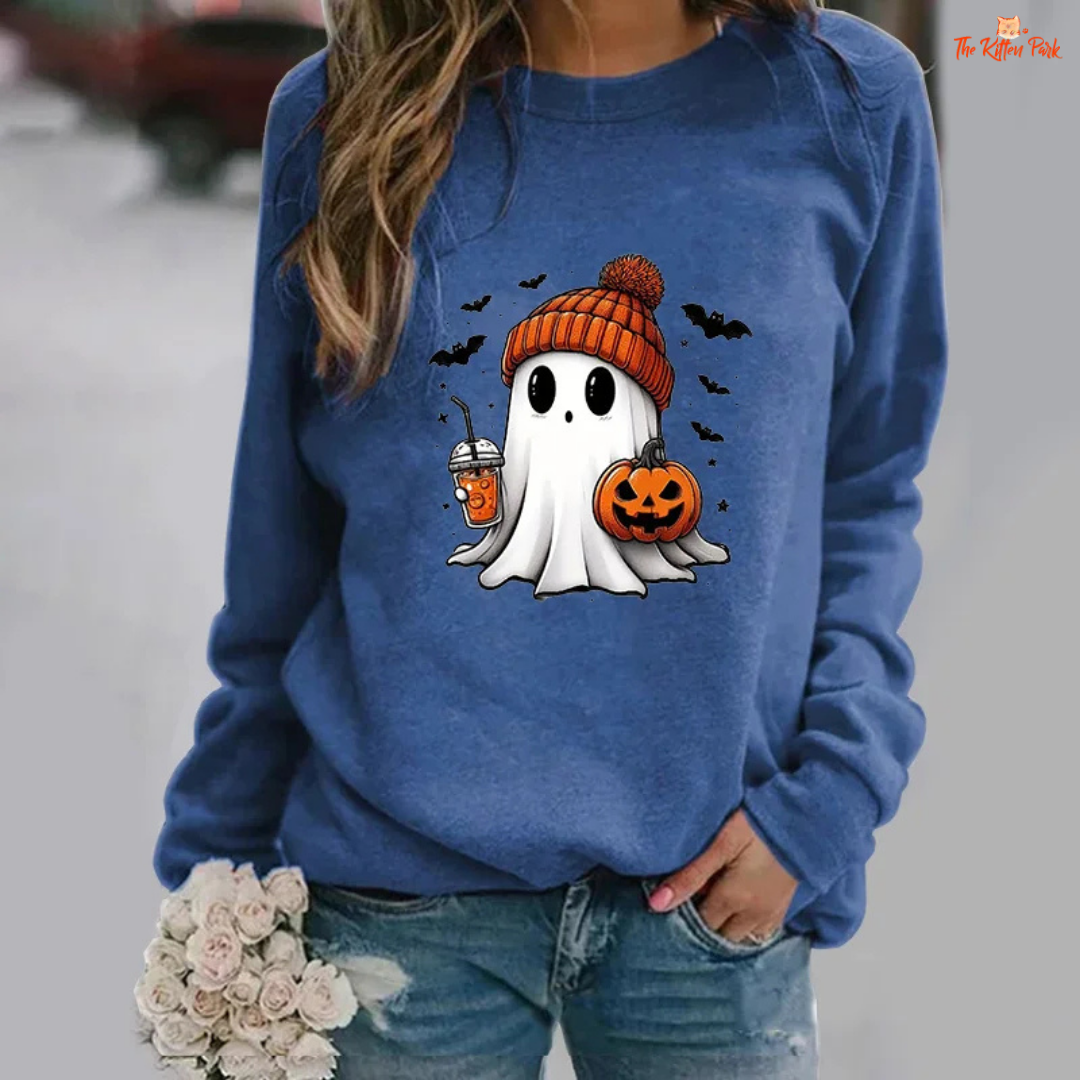 Cute Ghost Pattern Sweater – women's slim-fit casual pullover with ghost print appliques, O-neck, full sleeves, polyester fabric with slight stretch; ideal for autumn and winter casual wear.