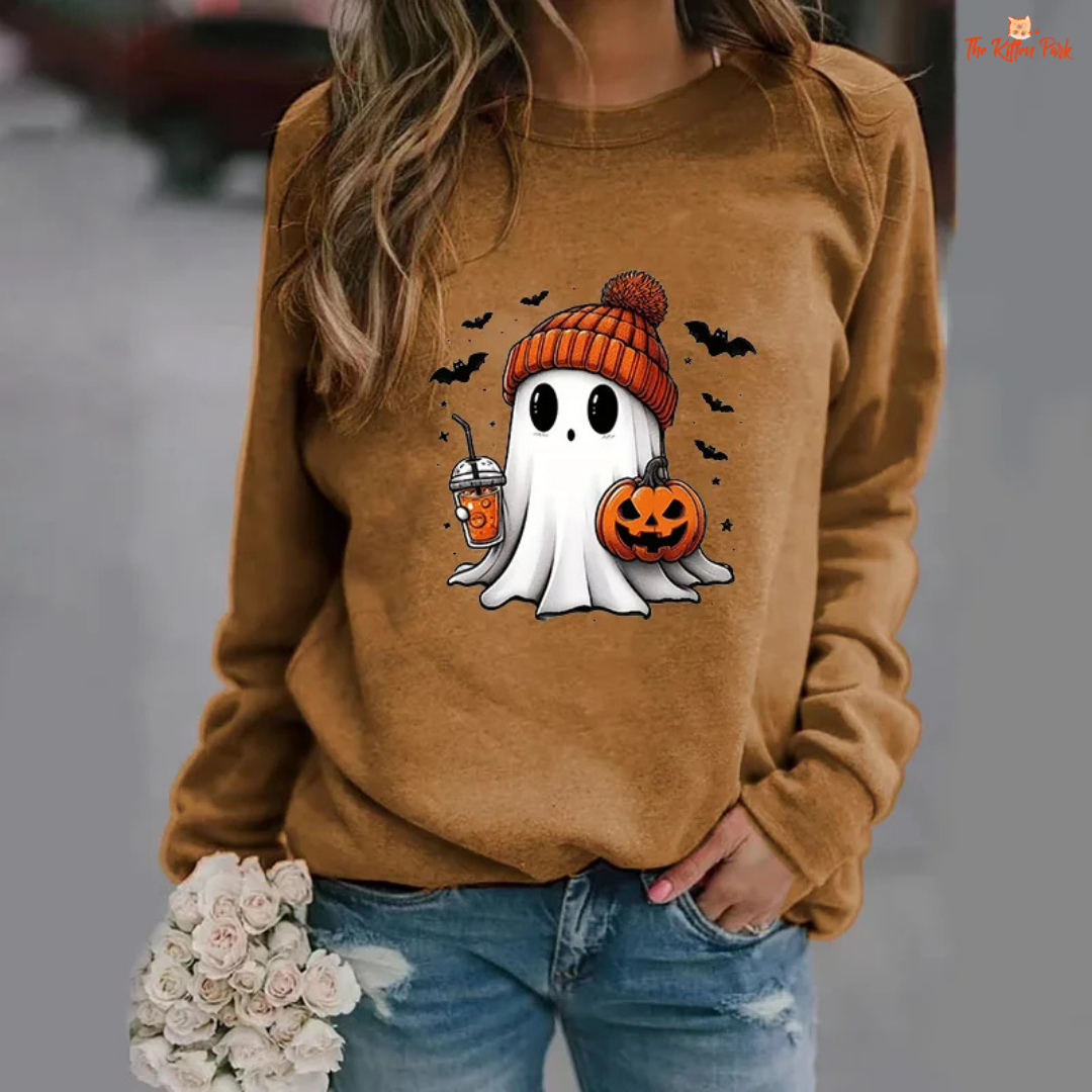 Cute Ghost Pattern Sweater – women's slim-fit casual pullover with ghost print appliques, O-neck, full sleeves, polyester fabric with slight stretch; ideal for autumn and winter casual wear.