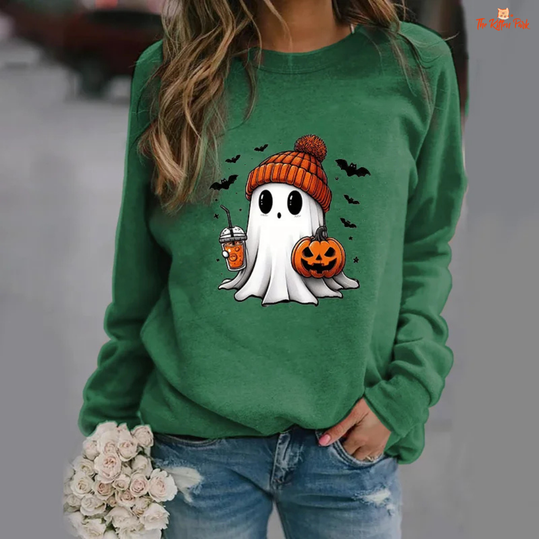 Cute Ghost Pattern Sweater – women's slim-fit casual pullover with ghost print appliques, O-neck, full sleeves, polyester fabric with slight stretch; ideal for autumn and winter casual wear.