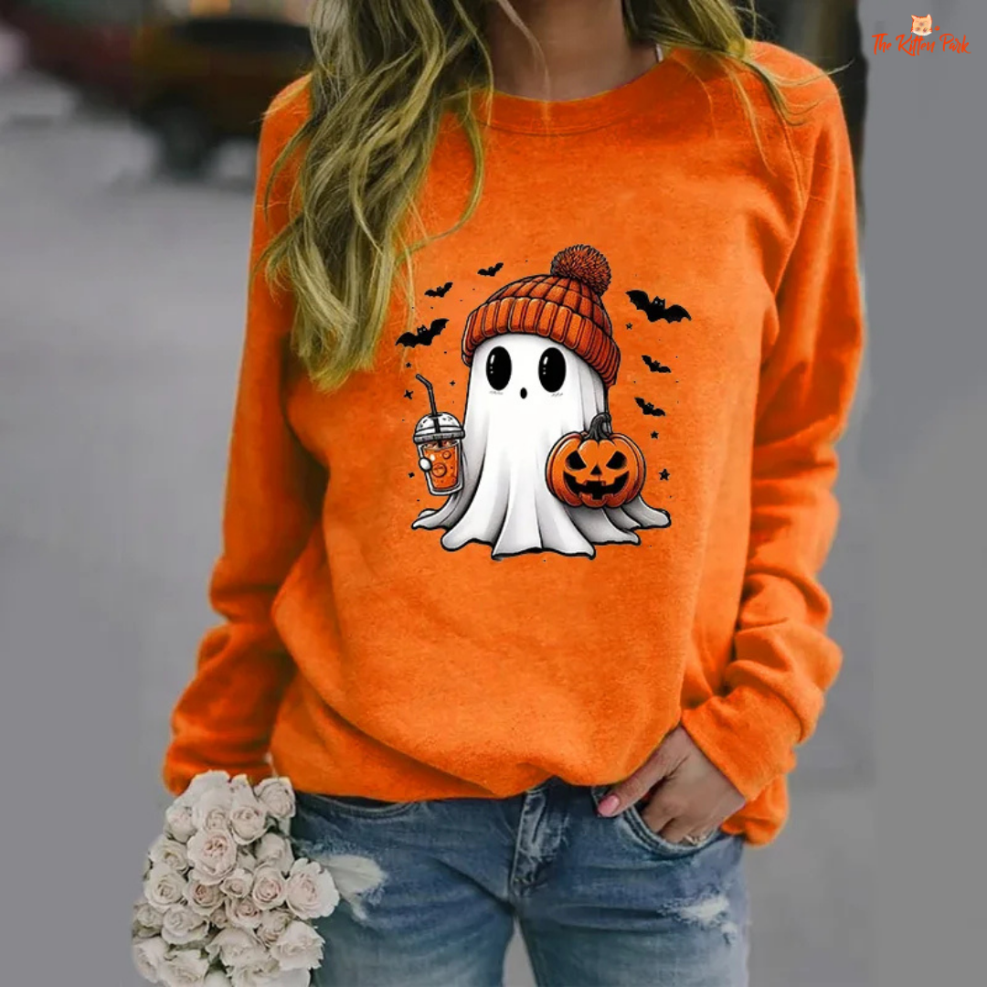 Cute Ghost Pattern Sweater – women's slim-fit casual pullover with ghost print appliques, O-neck, full sleeves, polyester fabric with slight stretch; ideal for autumn and winter casual wear.