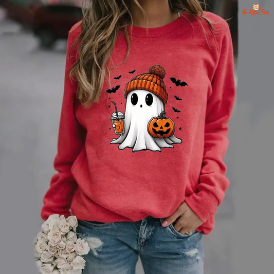 Cute Ghost Pattern Sweater – women's slim-fit casual pullover with ghost print appliques, O-neck, full sleeves, polyester fabric with slight stretch; ideal for autumn and winter casual wear.