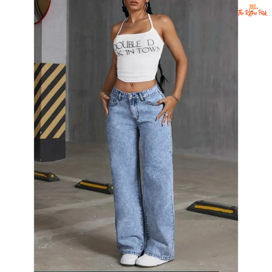 Women's high-waist wide-leg jeans with cute bow embroidery, ankle-length cut, and medium wash — a playful twist on casual denim style.
