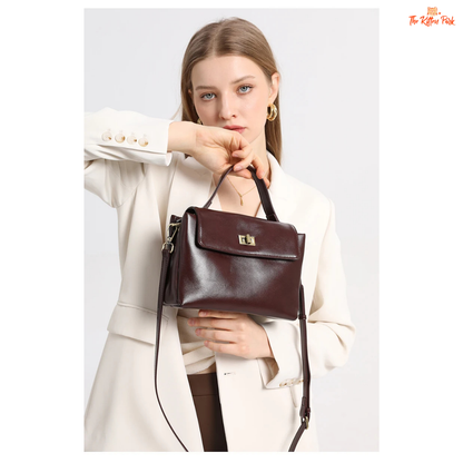 Soft cowhide leather tote bag for women featuring satchel shape, hasp closure, and multi-pocket cotton-lined interior with casual elegance.