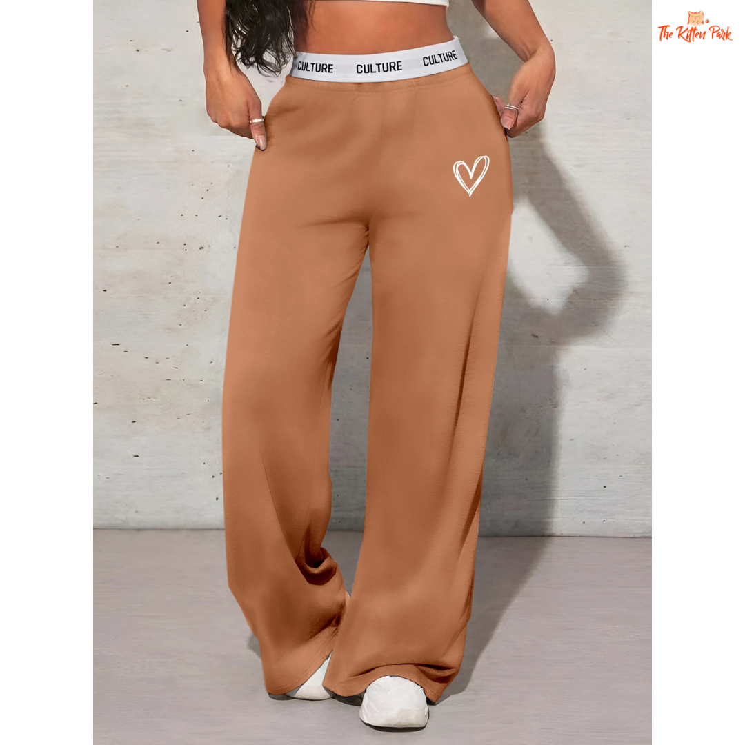 Wide-leg trousers for women with LOVE print, mid-rise elastic waist, and pockets — designed in a casual, loose-fit silhouette for all-season wear.