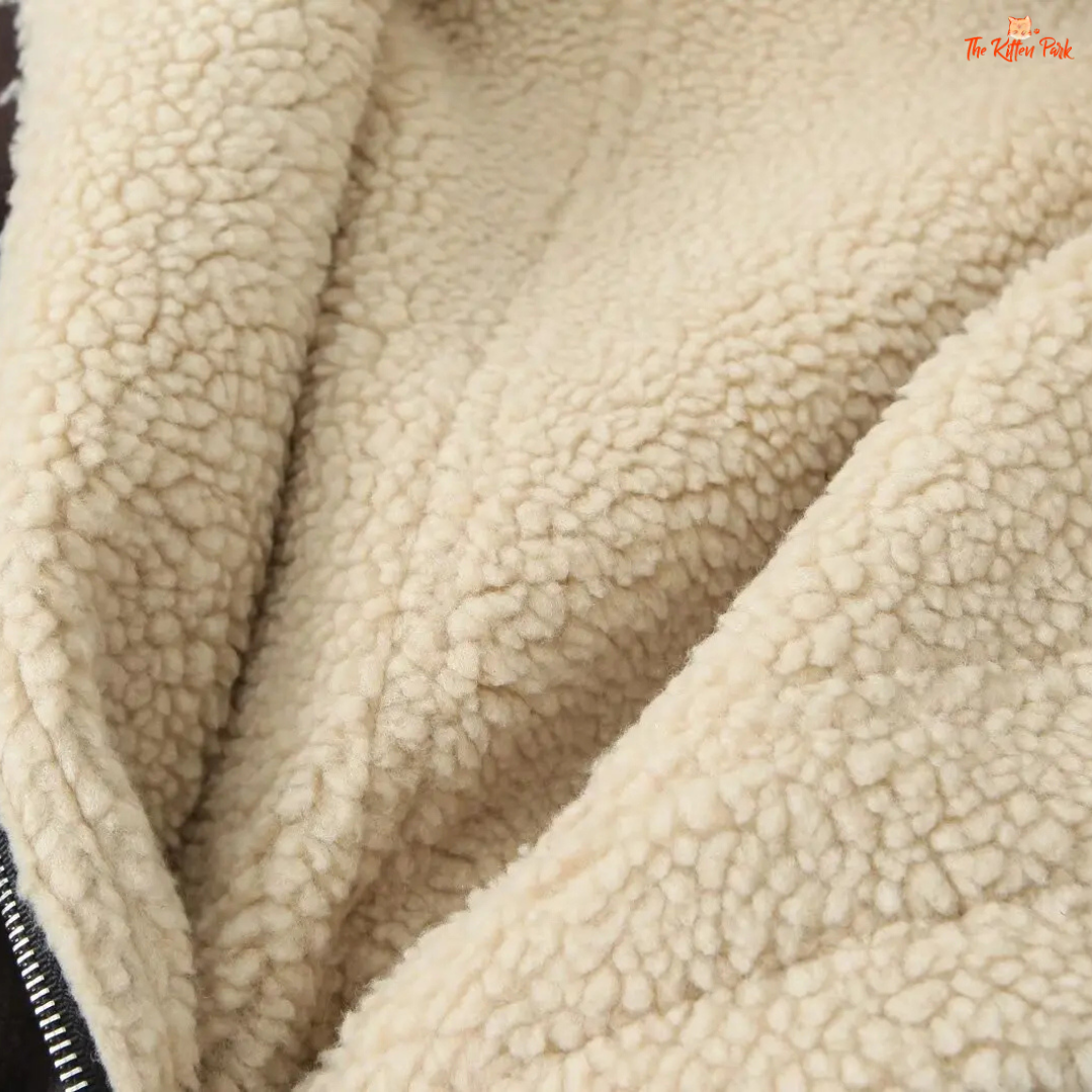 A women’s short lapel jacket in light brown and beige tones, featuring a belted waist, fleece lining, and streetwear style for autumn and winter.