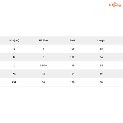 Size chart for clothing with US size, bust, and length measurements.