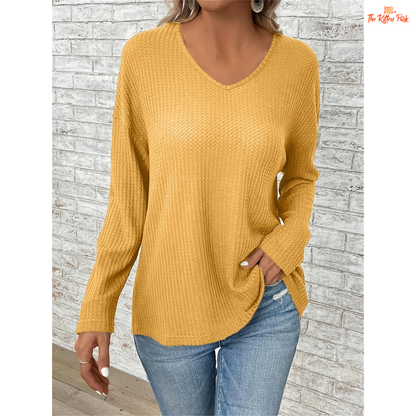 Women’s Dropped Shoulder V-Neck Solid Loose T-Shirt in mustard yellow, featuring lightweight knit fabric, casual fit, and soft blended texture for spring and summer.