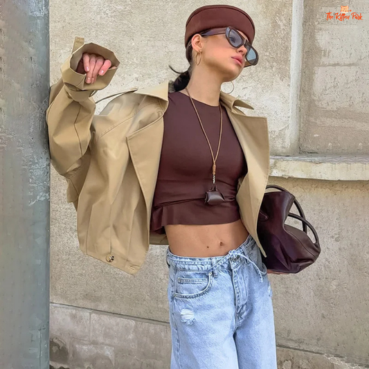 Women's autumn short double-breasted jacket with suit collar, full sleeves, button & pocket details — loose high-street coat in polyester for autumn/winter.