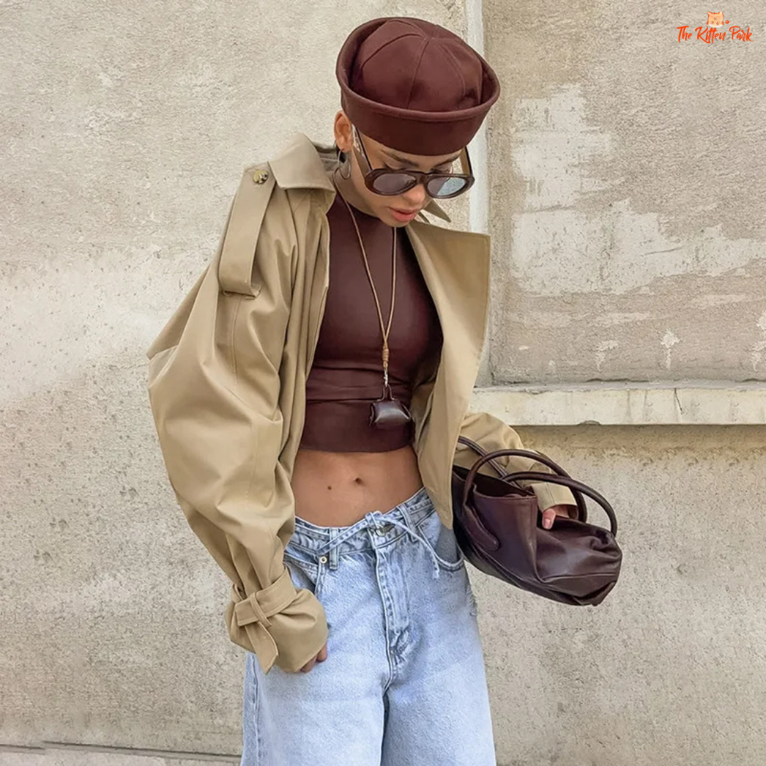 Women's autumn short double-breasted jacket with suit collar, full sleeves, button & pocket details — loose high-street coat in polyester for autumn/winter.