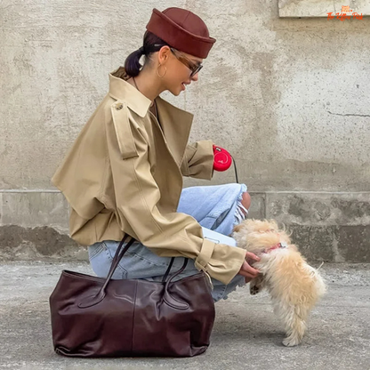 Women's autumn short double-breasted jacket with suit collar, full sleeves, button & pocket details — loose high-street coat in polyester for autumn/winter.