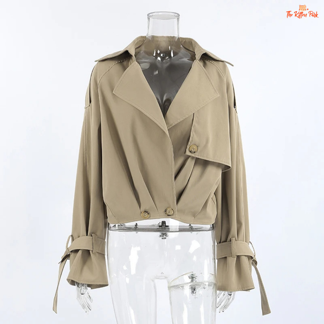 Women's autumn short double-breasted jacket with suit collar, full sleeves, button & pocket details — loose high-street coat in polyester for autumn/winter.