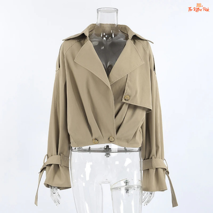 Women's autumn short double-breasted jacket with suit collar, full sleeves, button & pocket details — loose high-street coat in polyester for autumn/winter.