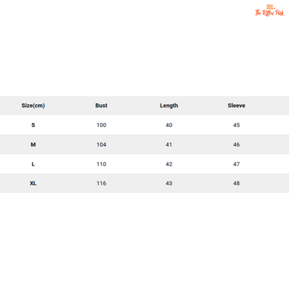 Size chart for clothing with measurements in centimeters