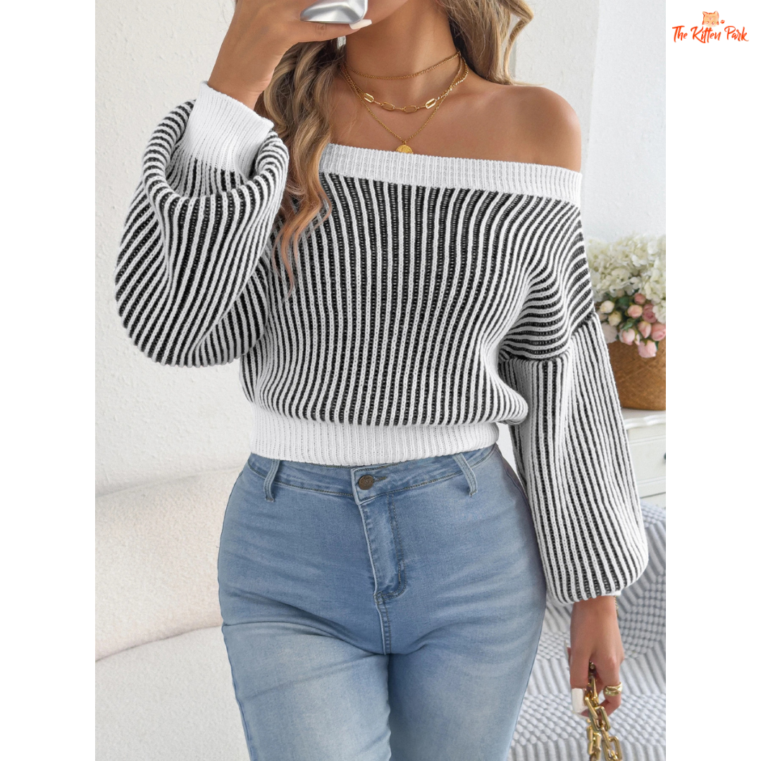 Elegant off-shoulder striped knit sweater for women featuring lantern sleeves, slash neckline, and heavyweight autumn knit in orange and burgundy tones.